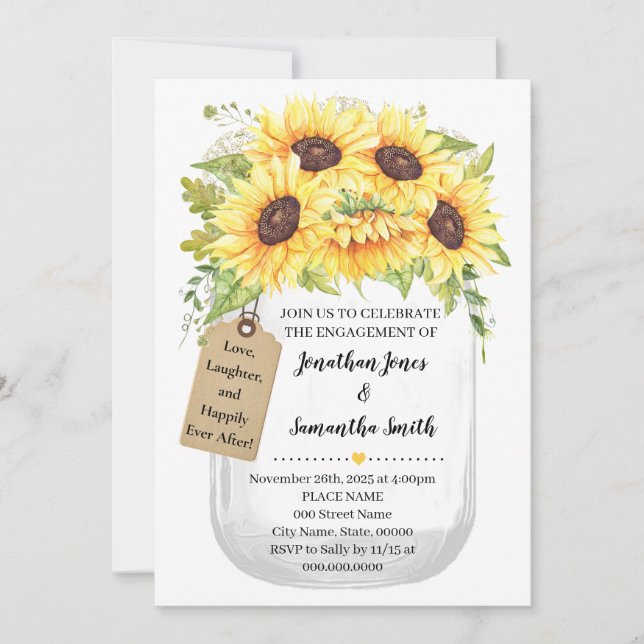 Invitación Boda de Mason jar Sunflower country (Anverso)