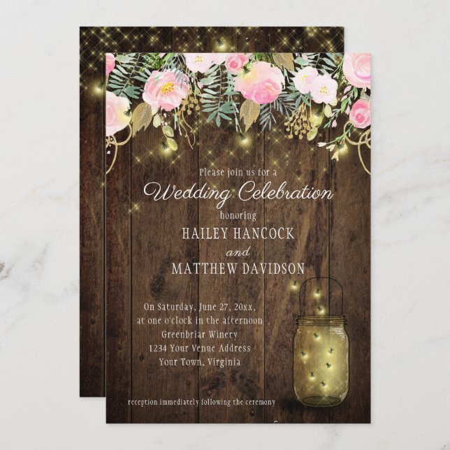 Invitación Boda de Mason Jars con luciérnagas y luciérnagas d (Anverso / Reverso)