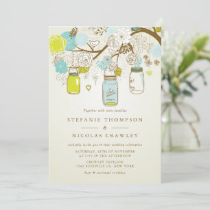 Invitación Boda de Mason Jars Vintage azul y verde