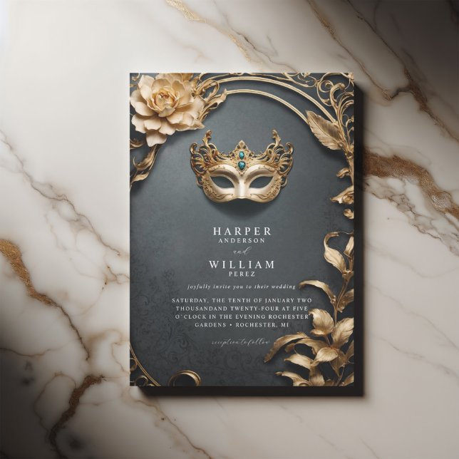 Invitación Boda de Masquerade de oro y negro encantados (Masquerade wedding invitation with baroque undertones and elegant gold foliage)