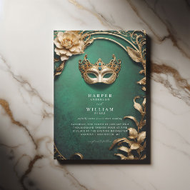 Invitación Boda de Masquerade de oro y verde encantado