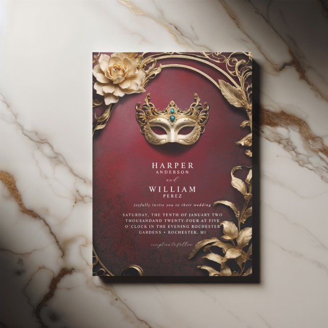 Invitación Boda de Masquerade rojo y oro encantado (ornated red wedding masquerade invitation, elegant with a vintage touch)