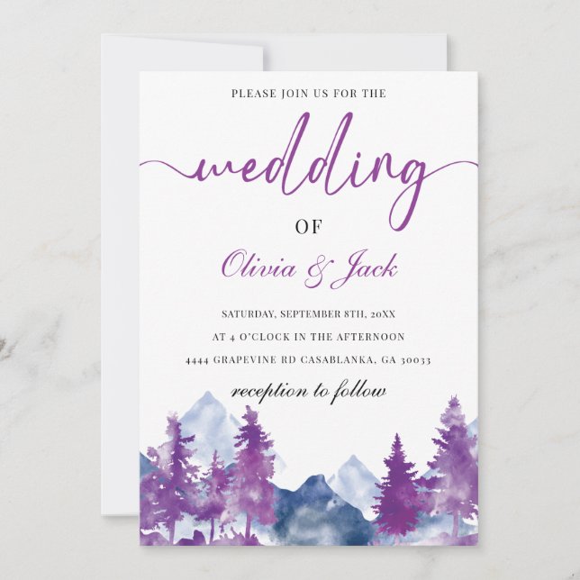 Invitación Boda de Mauve Rústico Elegante de acuarela de mont (Anverso)