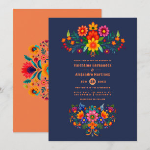 Invitación Boda de Medianoche Azul y Papaya con Arte Folclóri