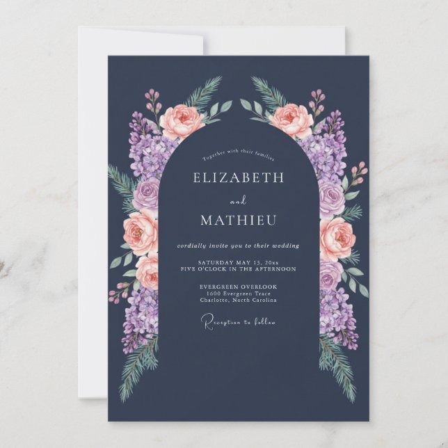 Invitación Boda de medianoche floral melocotón Navy (Anverso)