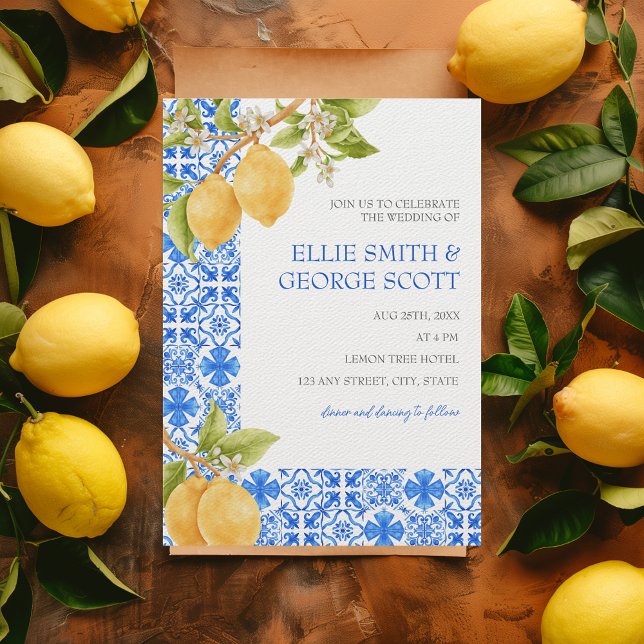 Invitación Boda de Mediterranean Tiles Lemon Citrus Italia (That's Amore Amalfi Italian Coast Destination Wedding Lemons & Blue Mediterranean Tiles Invitation)