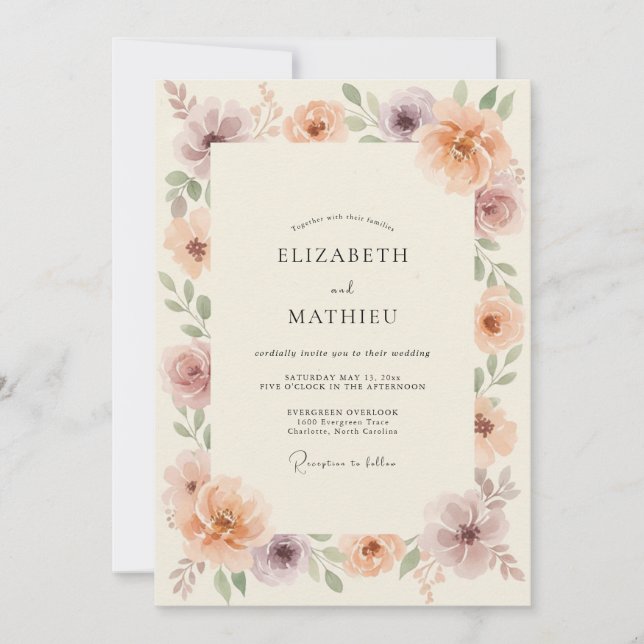 Invitación Boda de Melocotón Malva Polvo Peonía (Anverso)