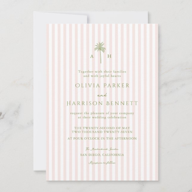 Invitación Boda de melocotón rosa salvia raya palma (Anverso)