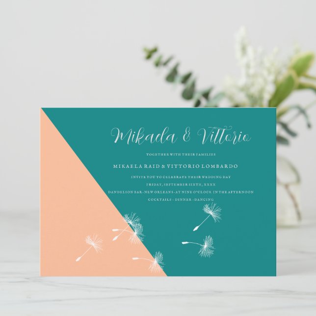 Invitación Boda de melocotón y azul turquesa (Anverso de pie)