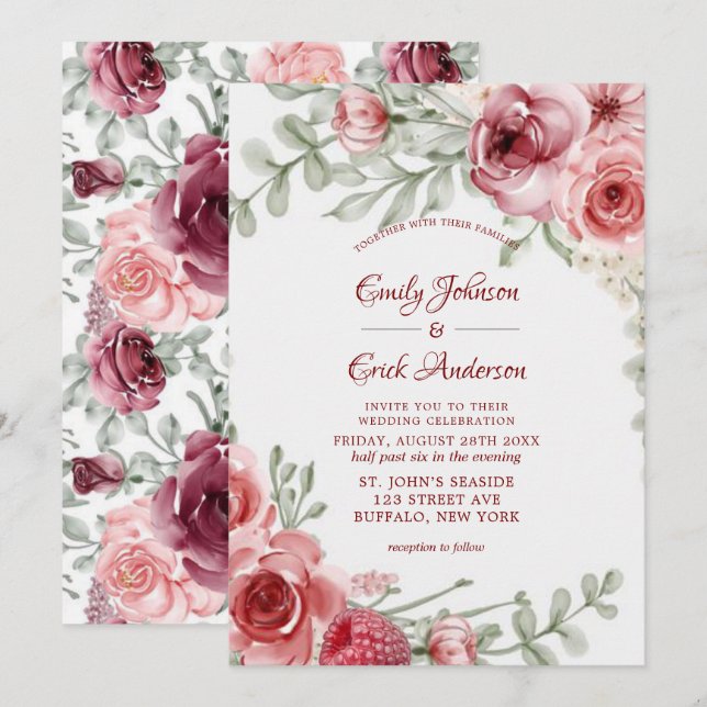 Invitación Boda de melocotonería rosa de frambuesa (Anverso / Reverso)