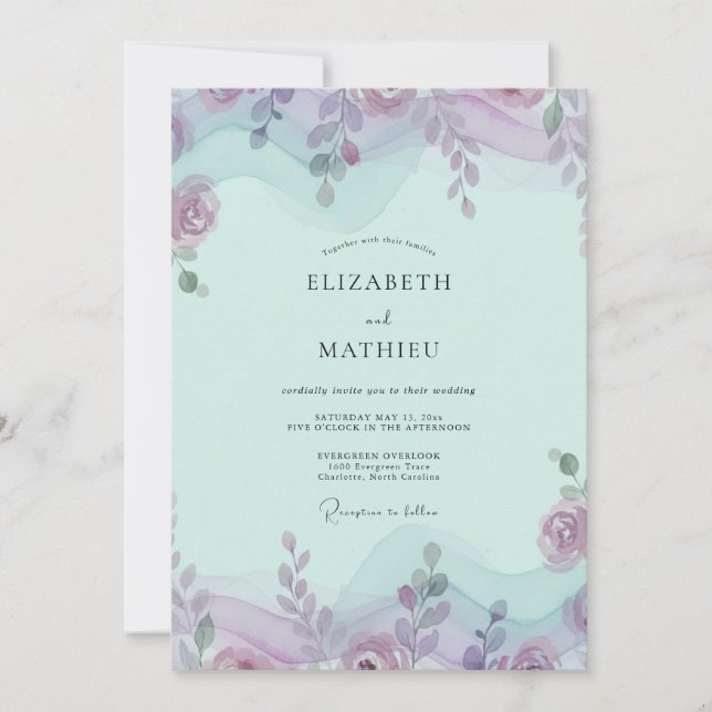 Invitación Boda de menta amatista con follaje de eucalipto (Anverso)