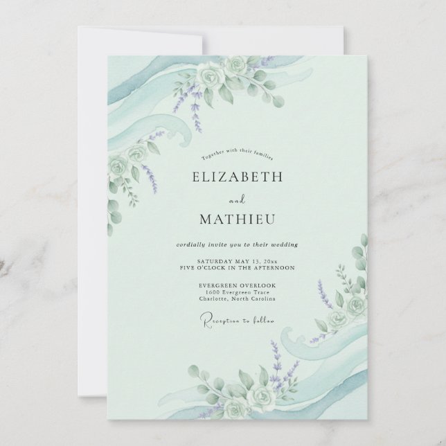 Invitación Boda de menta aqua follaje suave eucalipto (Anverso)