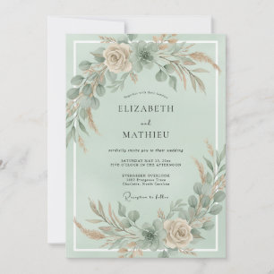 Invitación Boda de menta champán pampas eucalipto