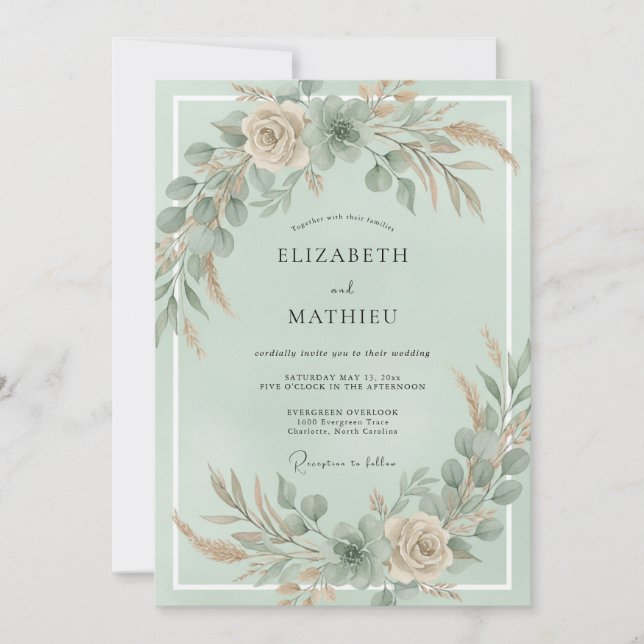 Invitación Boda de menta champán pampas eucalipto (Anverso)