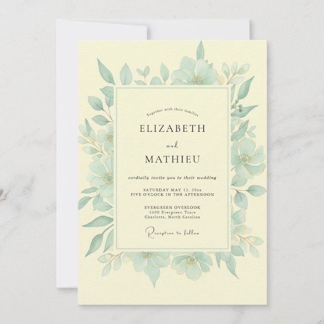 Invitación Boda de Menta Eucalipto y Mantequilla (Anverso)