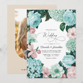 Invitación Boda de menta pastel, verde mar y rosa concha