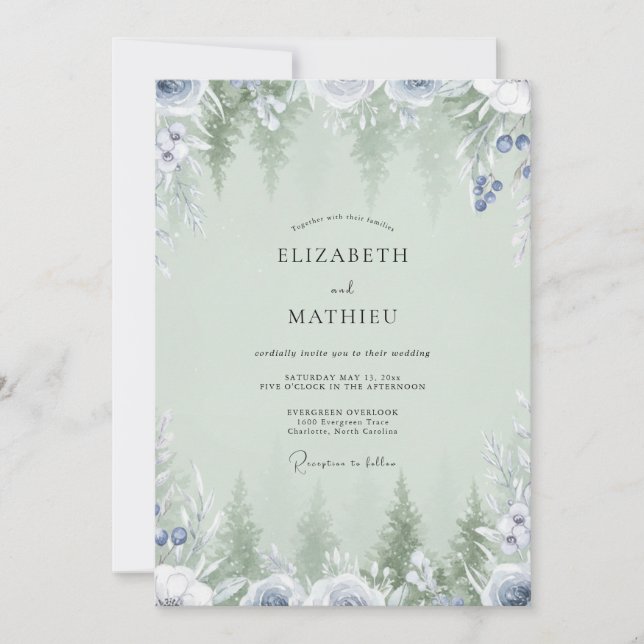 Invitación Boda de menta pervinca pino eucalipto (Anverso)