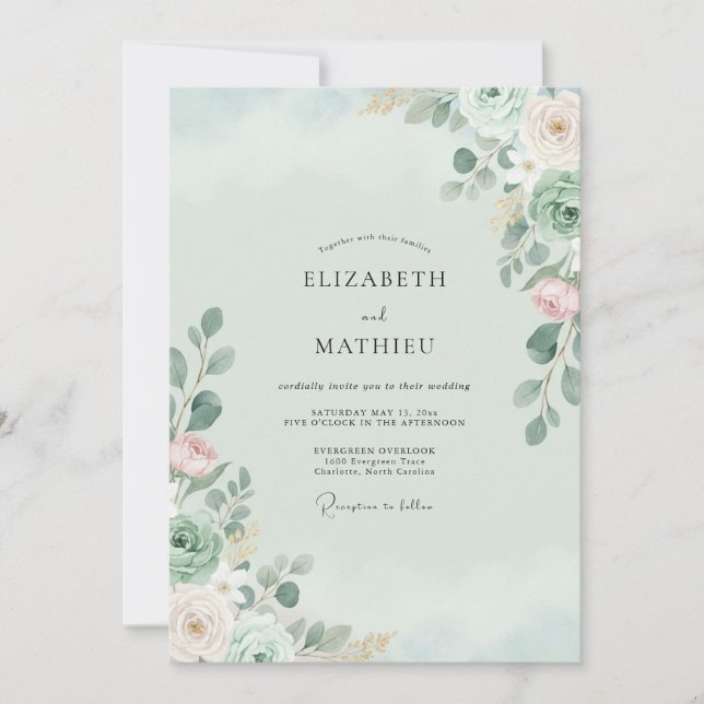 Invitación Boda de menta, rubor y eucalipto (Anverso)