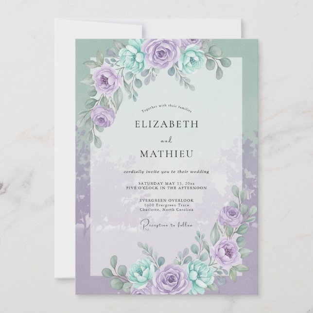 Invitación Boda de menta y pervinca con vegetación (Anverso)