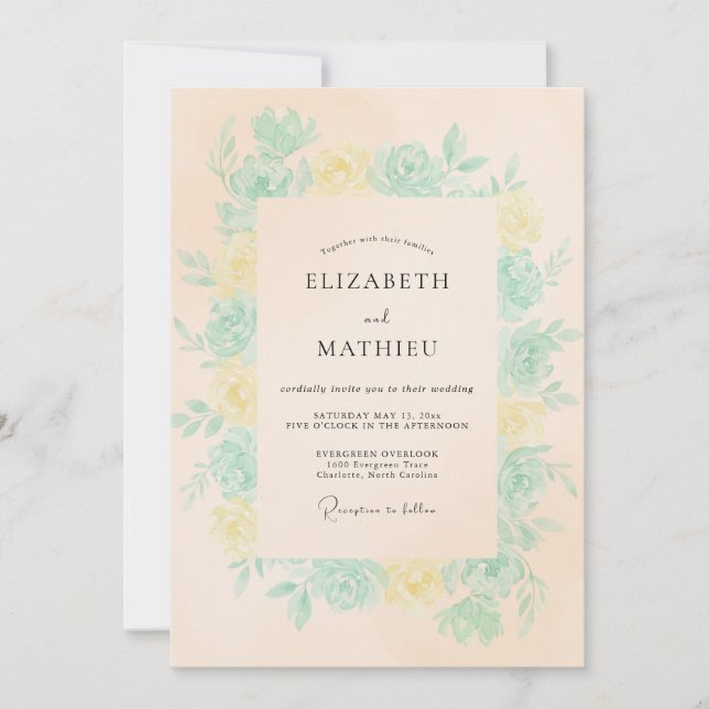 Invitación Boda de menta y suave flor de melocotón (Anverso)