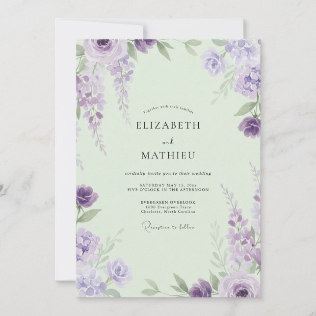 Invitación Boda de menta y wisteria violeta (Anverso)