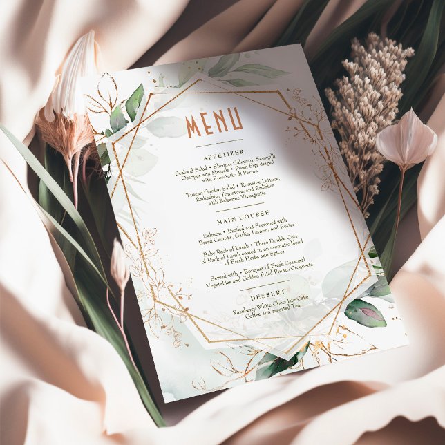 Invitación Boda de menú Geométrico verde y oro (Subido por el creador)