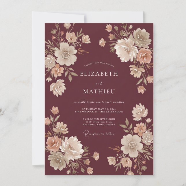 Invitación Boda de Merlot Ranunculus Eucalyptus (Anverso)