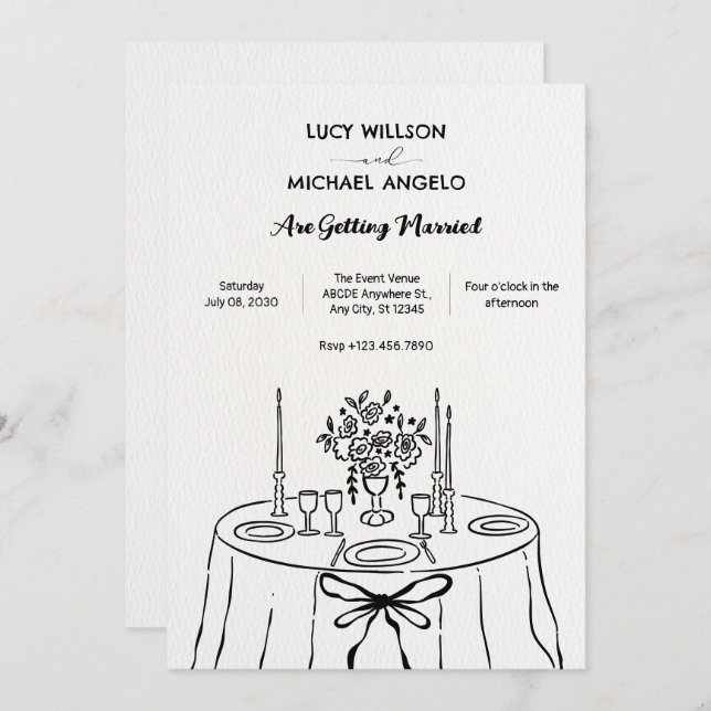 Invitación Boda de mesa minimalista dibujado a mano (Anverso / Reverso)