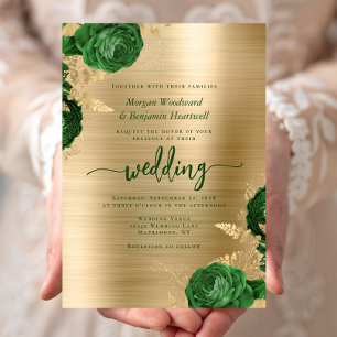 Invitación Boda de metal cepillado dorado y floral verde esme