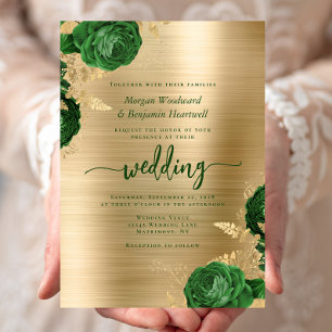 Invitación Boda de metal cepillado dorado y floral verde esme