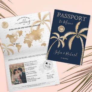 Invitación Boda de México Pasaporte de destino Palm Mapa Mund