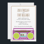 Invitación Boda de mixtape Indie Retro Boombox (Purple/Lime)<br><div class="desc">Una divertida boombox de los años 80,  unos románticos audífonos entrelazados y coloridas cintas de cassette retro son las estrellas de esta divertida y única suite de invitados a la boda.</div>