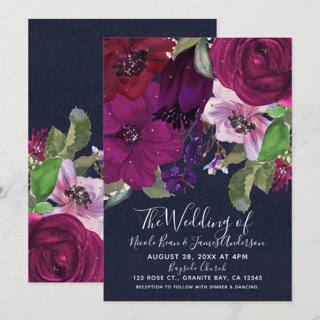 Invitación Boda de Moda Berry Fuchsia Floral Bouquet (Anverso / Reverso)