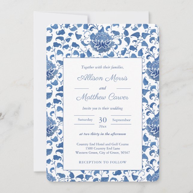 Invitación Boda de Moda Chinoiserie azul y blanco inmaculado (Anverso)