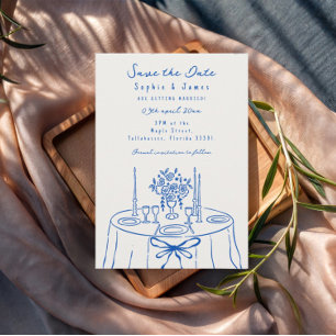 Invitación boda de moda con mano azul y caprichoso