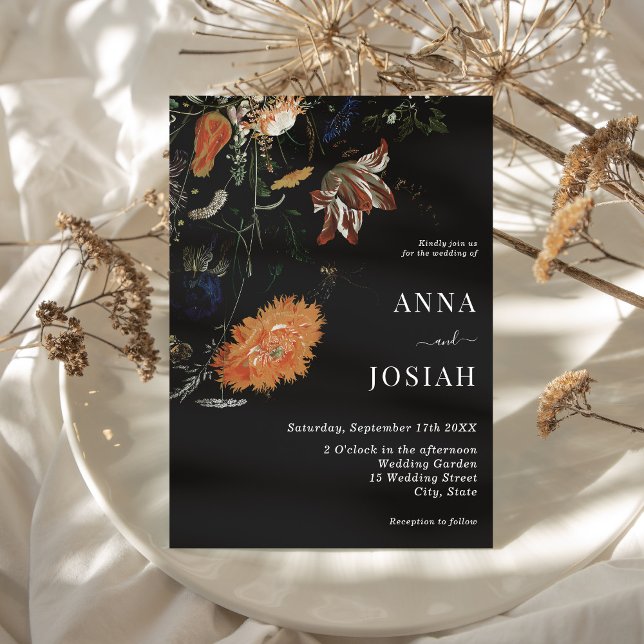 Invitación Boda de Moda de Boho Floral Negra (Black Floral Boho Chic Wedding Invitation)