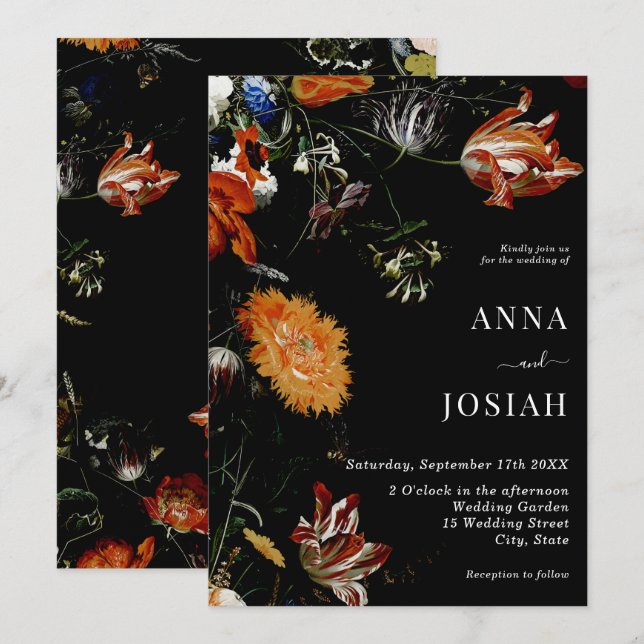 Invitación Boda de Moda de Boho Floral Negra (Anverso / Reverso)