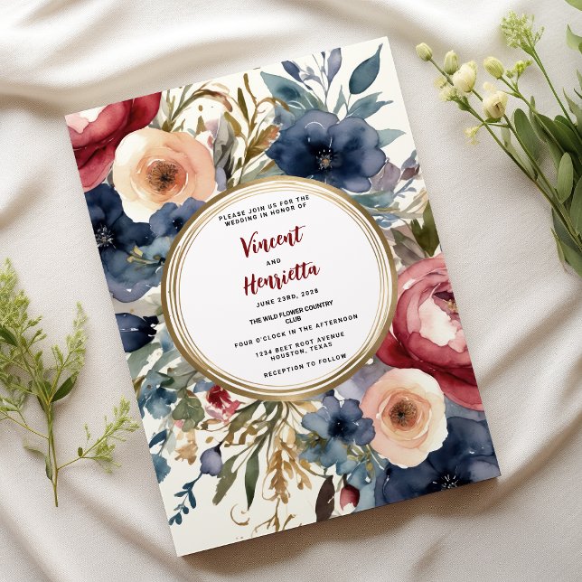 Invitación Boda de moda de campo floral azul de la marina (Navy blue burgundy floral country chic Wedding)