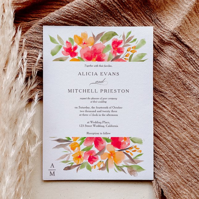 Invitación Boda de moda de cascada floral naranja rojo (Subido por el creador)