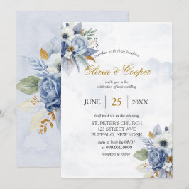Invitación Boda de Moda de color acuático Dusty Navy Blue Gol