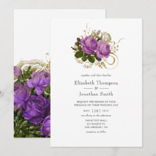 Invitación Boda de Moda de cosecha morada y dorada