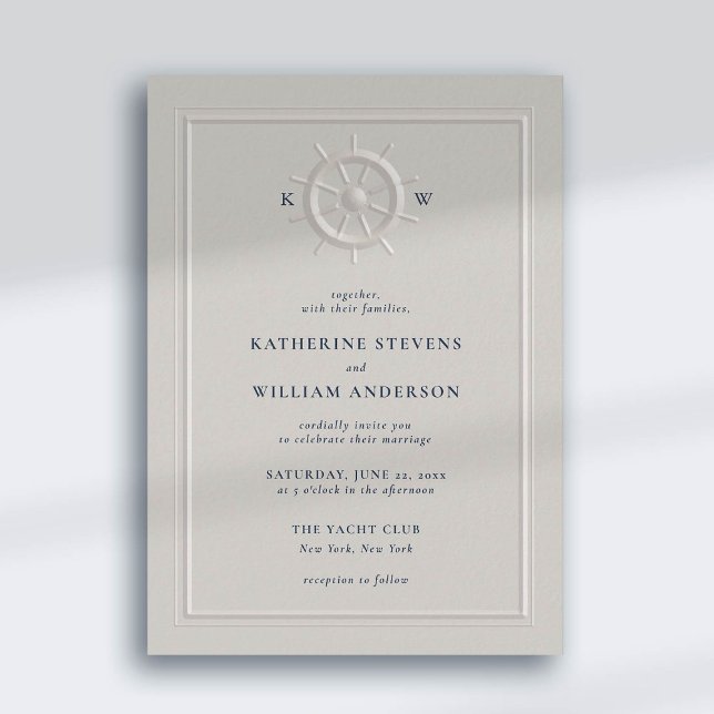 Invitación Boda de Moda de cuadros clásicos del Grabado en re (nautical beach yacht coastal ocean wedding invitation faux embossed boat helm pearl classic frame)