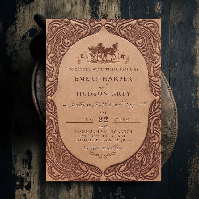 Invitación Boda de Moda de entrenador occidental de cuero con (country wedding invitation rustic western barn cowboy tooled leather frame earthy brown)