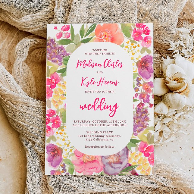 Invitación Boda de moda de escritura floral brillante bohemia (Bohemian bright floral arch script chic wedding invitation)