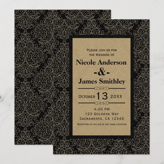 Invitación Boda de Moda de glamour de oro y damasco negro (Anverso / Reverso)