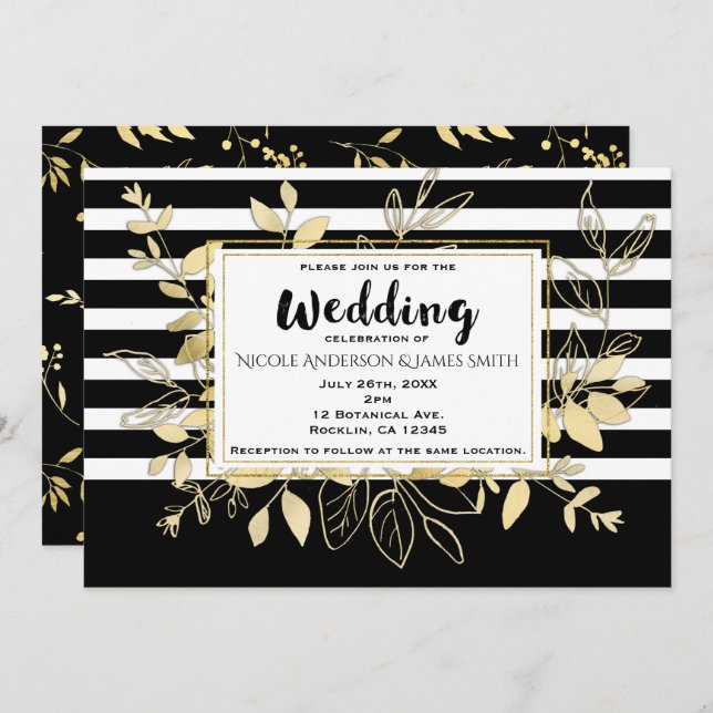 Invitación Boda de Moda de glamur botánico de oro negro moder (Anverso / Reverso)