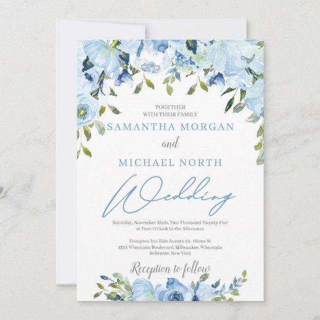 Invitación Boda de moda de invierno moderno con flores azul t (Anverso)
