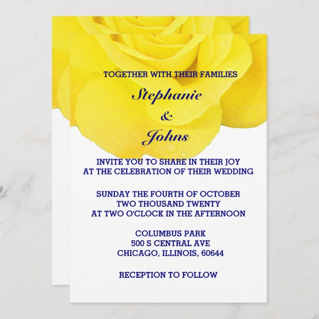 Invitación Boda de moda de la Marina Rosa Amarilla Azul Cute  (Anverso / Reverso)