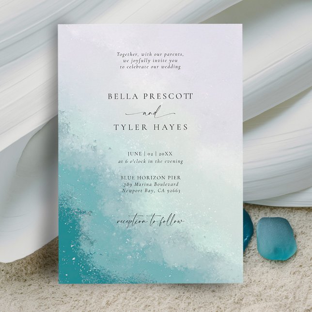 Invitación Boda de Moda de lavanda Verde azulada de cristal d (coastal wedding invitation sea glass teal blue lavender purple modern ocean beach elegant chic)