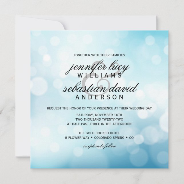 Invitación Boda de Moda de luz de Bokeh azul de lujo (Anverso)